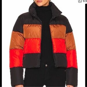 Steve Madden Tri-Tone Puffer Jacket - Black, Brown, Red